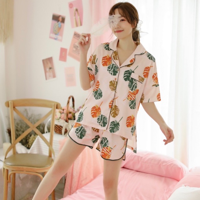 Đồ bộ pijama nữ mặc nhà vải phi cao cấp hàng quảng châu xuất khẩu hình chiếc lá - B394