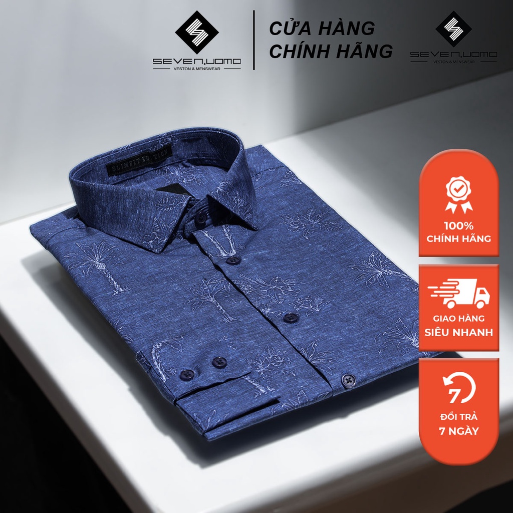 Áo Sơ Mi Nam Dài Tay SEVENUOMO Form Dáng Hàn Quốc, Không Nhăn, Vải Mịn Mát Form Vừa Xanh Họa Tiết Cây Dừa HT33