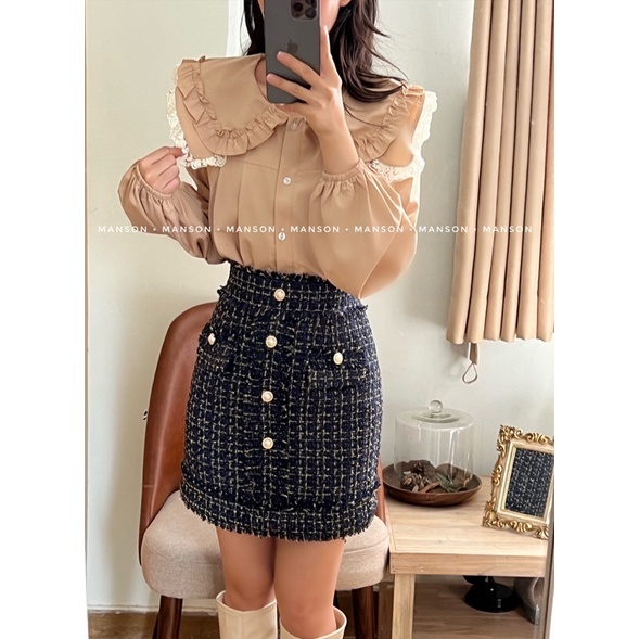Chân váy dạ tweed hồng