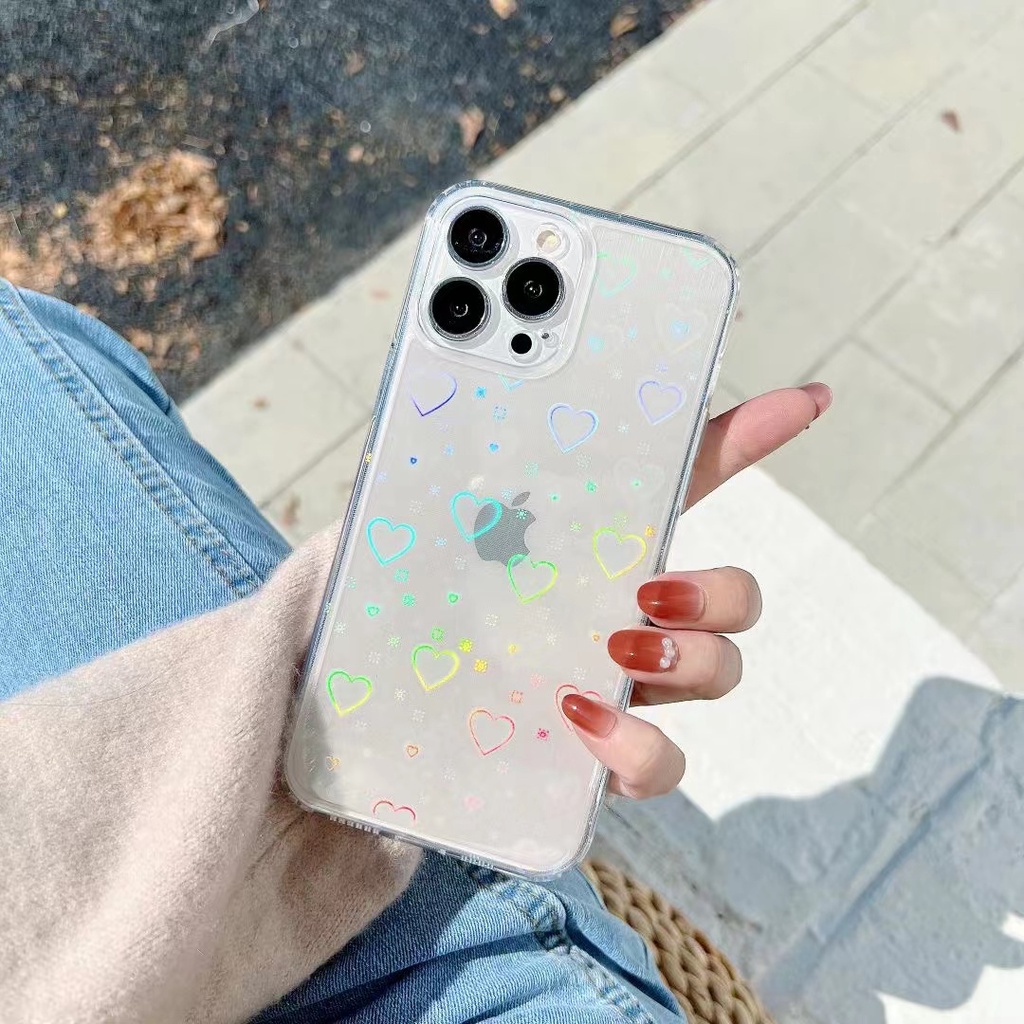 Ốp điện thoại trong suốt màu Laser họa tiết trái tim thời trang cho iPhone 11 12 13 Pro Max X XS XR 7 8 Plus SE