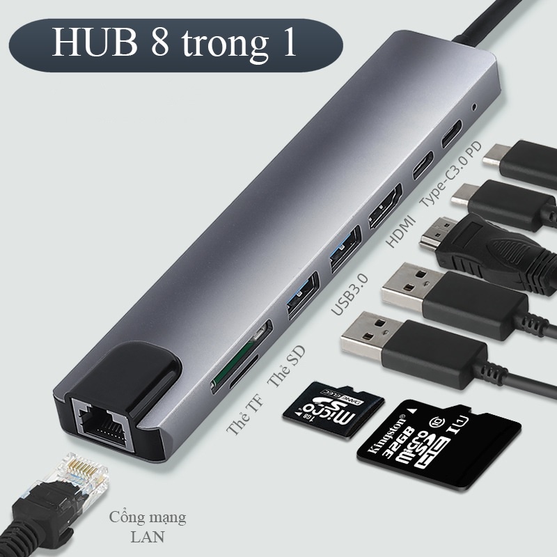 Hub chuyển Type-C 8in1 - bộ chuyển đổi sang HDMI 4k/USB/TypeC  dùng cho Macbook, iPad, Smart Phone