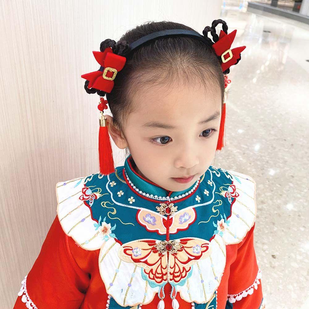 Băng Đô Cài Tóc Đính Tóc Giả Phối Tua Rua Kiểu Hán Phục Dễ Thương Cho Bé Gái