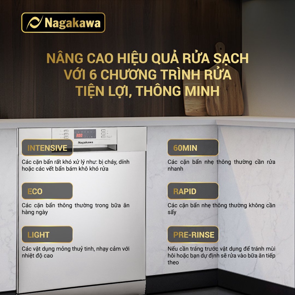 Máy rửa bát 14 bộ cao cấp Nagakawa NAG3602M14 - Bảo hành tại nhà 2 năm - Made in Malaysia