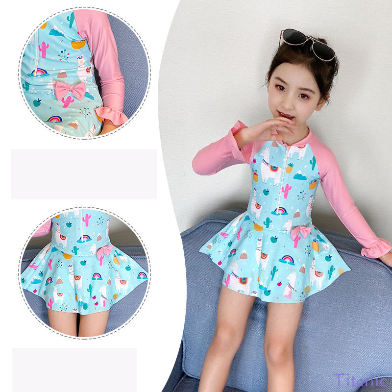 Girls Swimwear Long Sleeve Korean Skirt Style Swimwear Kids 2 Piece Set