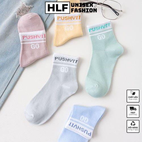 Tất vớ nữ Cotton cổ tròn in chữ GO PUSHVIT , tất vớ cổ cao HLFashion