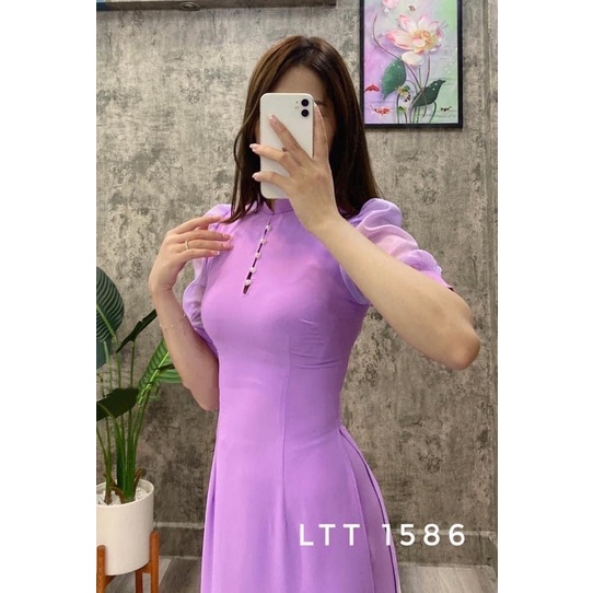 Áo dài tím tay phối voan kèm quần