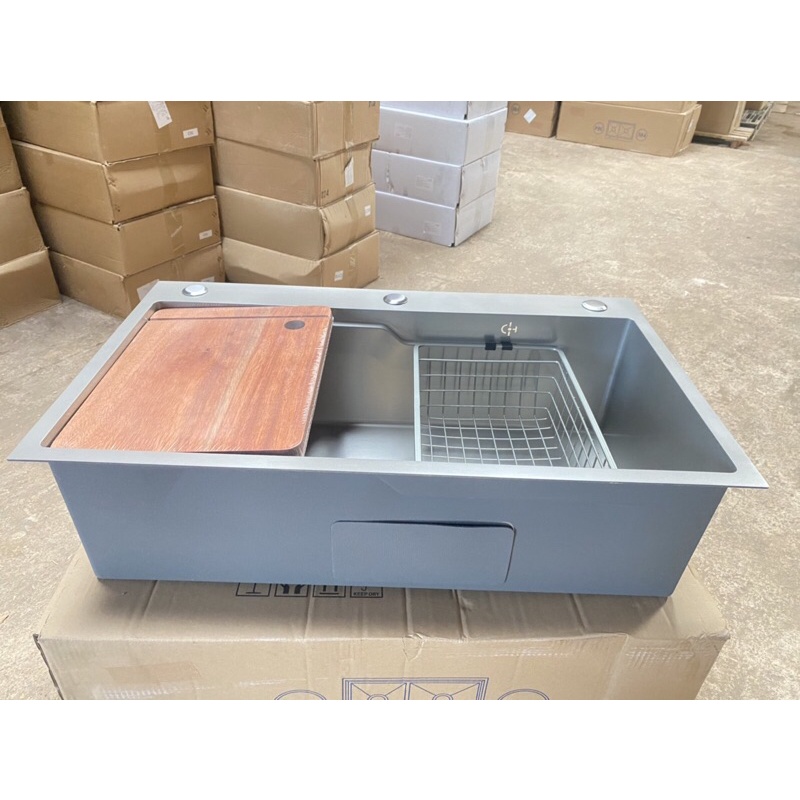 Chậu rửa chén bát 1 hố Nano xám chống xước tặng kèm thớt+rổ+ rửa cốc thông minh