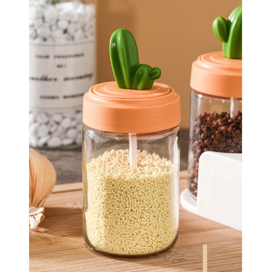 Set 4 Hũ Đựng Gia Vị Thủy Tinh - Lọ Đựng Gia Vị Kèm Muỗng Thìa Cao Cấp Hình Xương Rồng Dễ Thương
