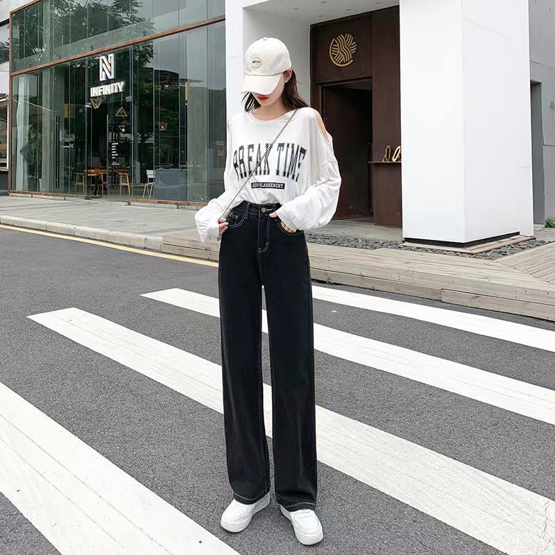 Quần Jeans Đen Lưng Cao Ống Rộng Phong Cách Hàn Quốc Cho Nữ