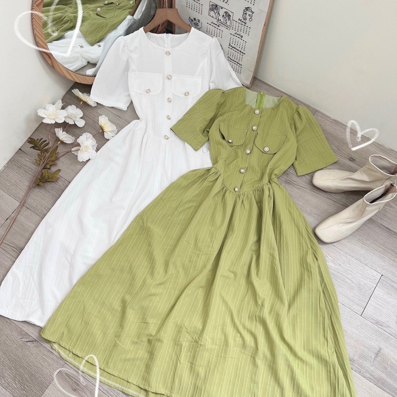 Đầm xoè❤️Đầm xoè cổ tròn túi đắp kèm nút