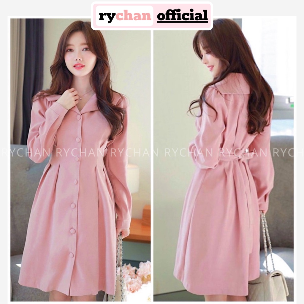 Đầm Váy Nữ Đi Chơi Cổ Sơ Mi Nút Bọc Tay Dài Thắt Nơ Sau Nhẹ Nhàng ,Đầm Xinh Nữ Dự Tiệc Màu Hồng Nữ Tính - DX9875