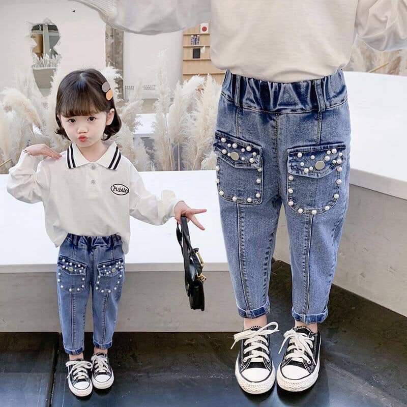 Quần jean dài túi nắp ngọc cho bé gái 7-19kg