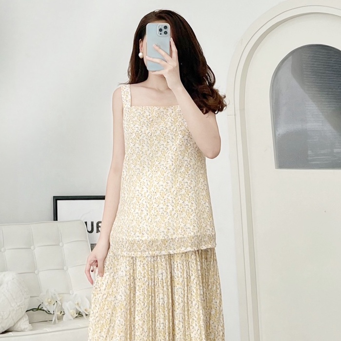 MEDYLA - Áo bầu 2 dây 2 lớp chiffon lót lụa cho bầu thoải mái mặc trong và sau sinh mặc kèm chân váy hoa xếp ly - ASM121