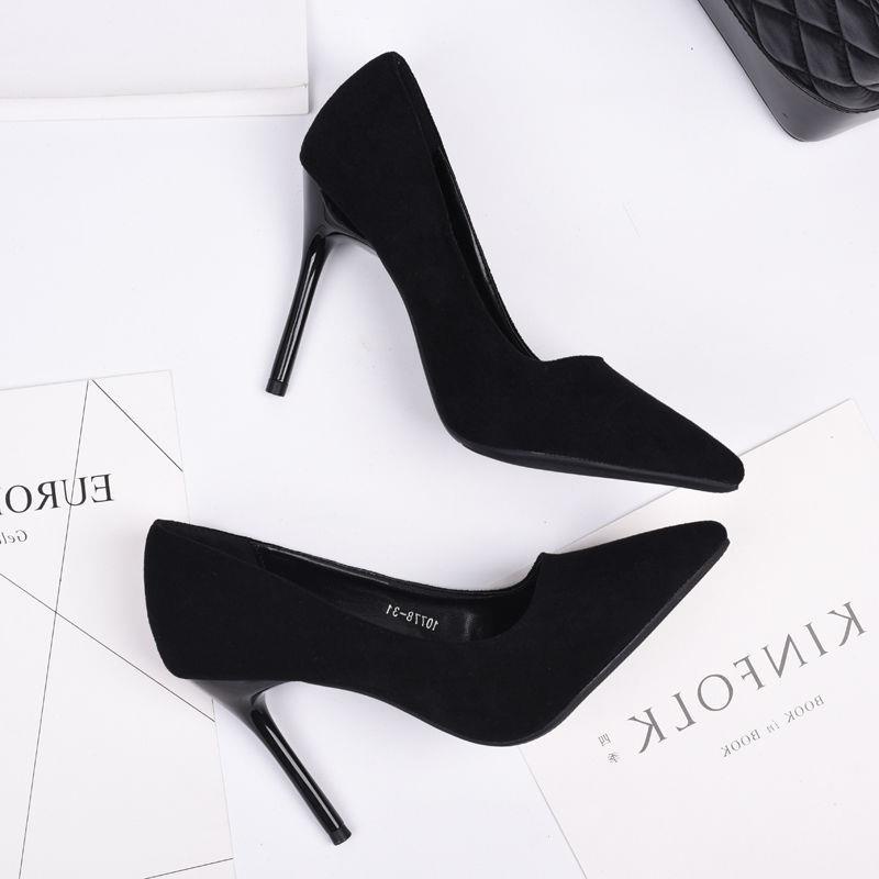 Black Suede High Heels Women Stiletto Etiquette Shoes 2021 Fall/Winter 5Cm All-Match Pointed Toe Shoes Formal Work Shoes