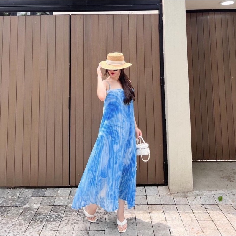 Đầm Maxi Đi Biển Dập Li Voan Xanh 2s, Váy Maxi Dáng Chữ A Có Lót Hở Lưng Kèm Hình Thật - Maxi HQ store