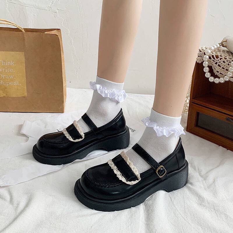 Giày Lolita nữ da phối ren đế cao quai ngang cài siêu xinh phong cách Hàn Quốc FLOWER G08 - Nguyentrang239