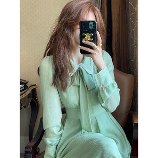 ❤️Di ️ streamer green pearl lace dress autumn retro narrow-waisted long-sleeved super fairy look tall slimmer look mid-length skirt [shipped within 7 days]