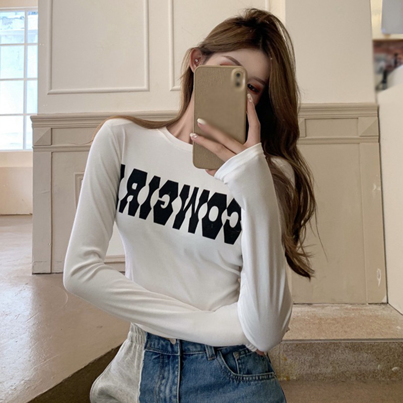 Áo Thun Tay Dài Cổ Tròn In Chữ Dáng Ôm Thời Trang Mùa Thu Quyến Rũ Cho Nữ