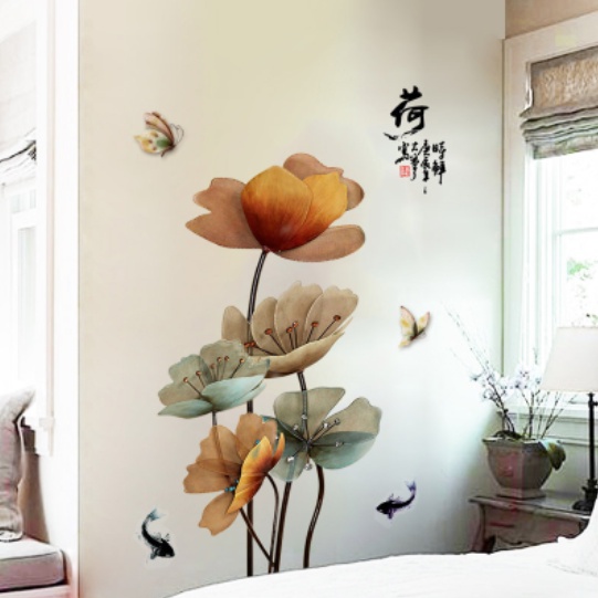 Decal trang trí tường - Hoa sen nâu và đàn cá