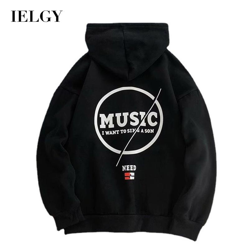 Áo sweatshirt có mũ IELGY dáng rộng màu đen in họa tiết thời trang cho nam