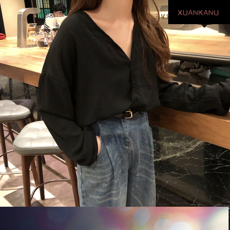 Áo Sơ Mi Dáng Rộng Màu Trơn Cổ V Gợi Cảm Quyến Rũ Thời Trang Hàn Quốc