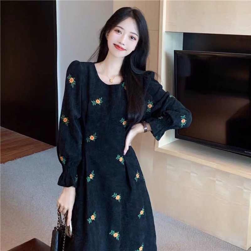 Đầm hoa buộc dây kiểu mới mùa thu váy chữ A Hàn Quốc