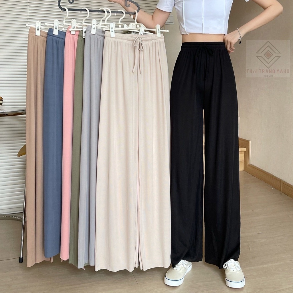 Quần ống suông nữ culottes vải thun len tăm gân dáng xuông dài thể thao có dây rút cạp chun Quần ống rộng nữ mặc ở nhà