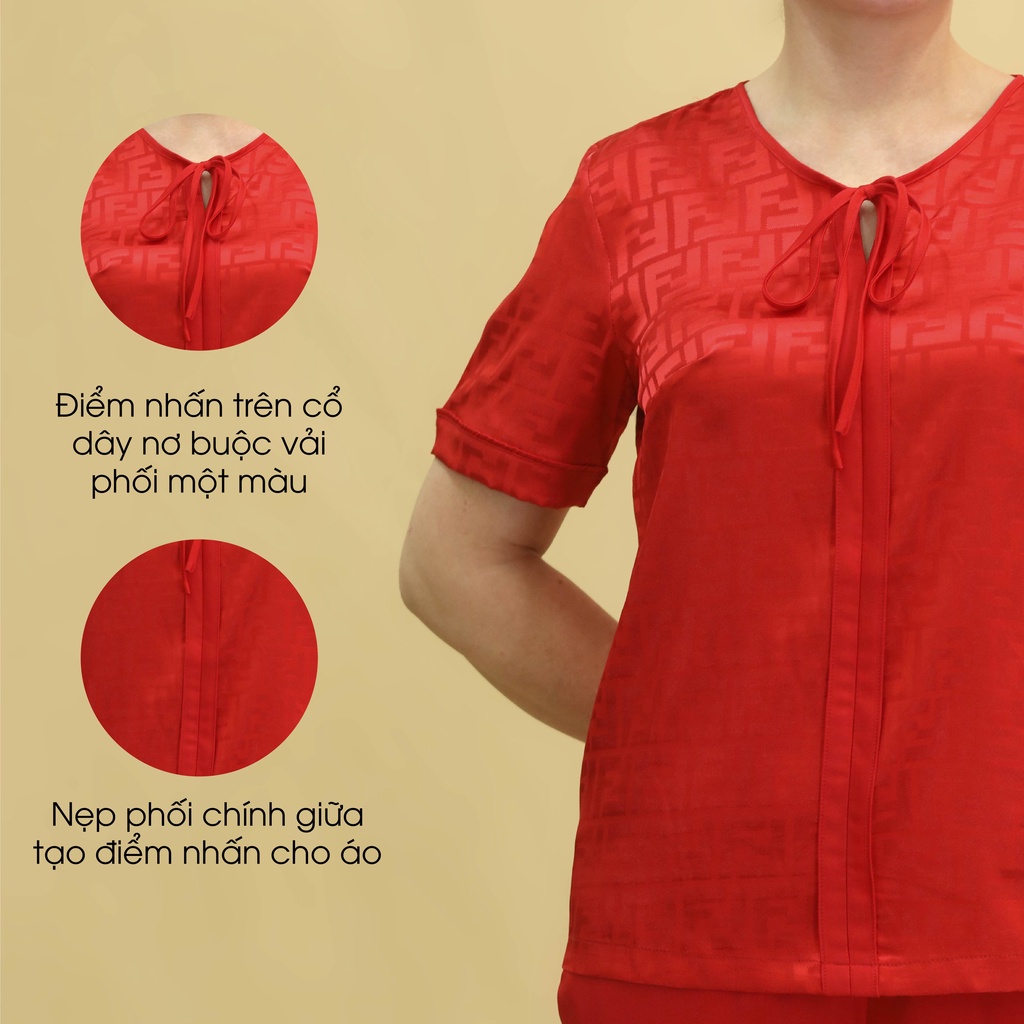 Đồ Bộ Trung Niên Nữ Lụa Họa Tiết Cao Cấp ANCHI B30 Đỏ, Bộ Mặc Nhà Quà Tặng Cho Mẹ