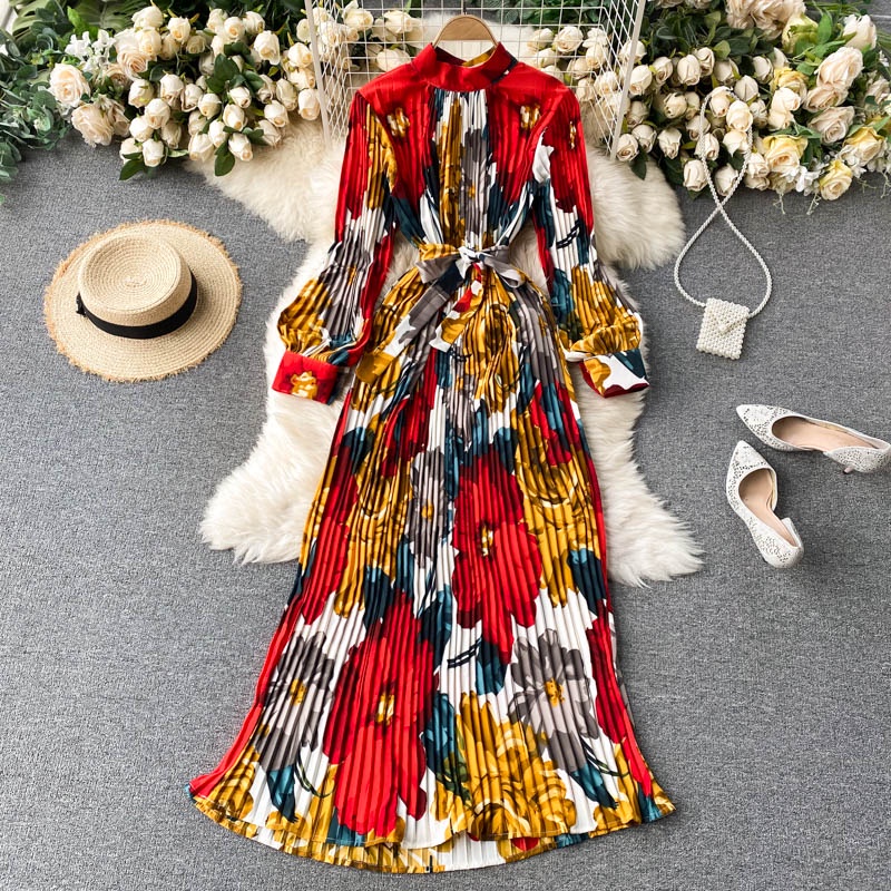Đầm Maxi Vải Voan Tay Dài Phồng Cổ Cao In Họa Tiết Hoa Phong Cách Hàn Quốc Thời Trang Cho Nữ