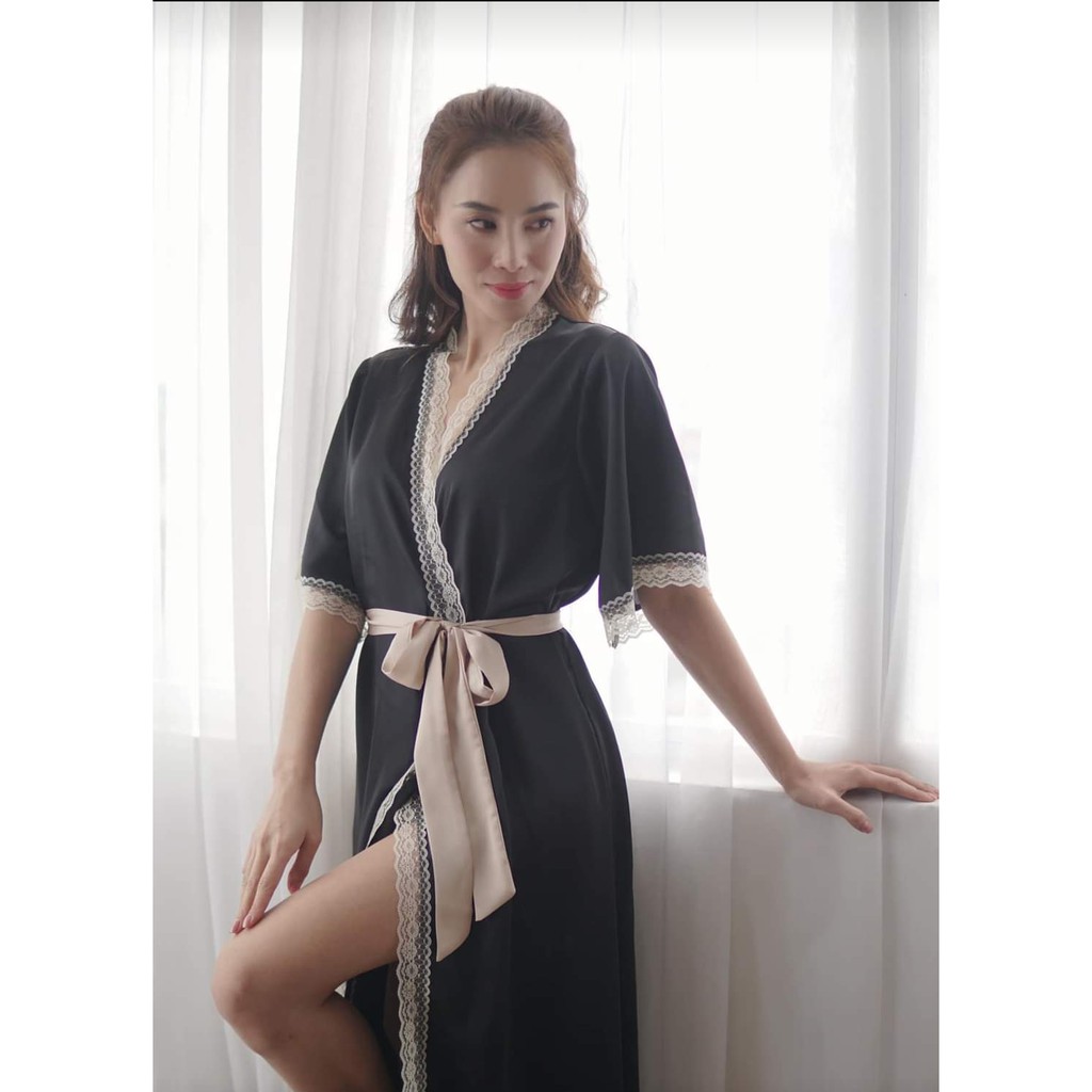 Áo choàng ngủ lụa mặc nhà phối ren  dáng dài kèm đai áo-Đủ màu freesize dưới 70kg | BigBuy360 - bigbuy360.vn
