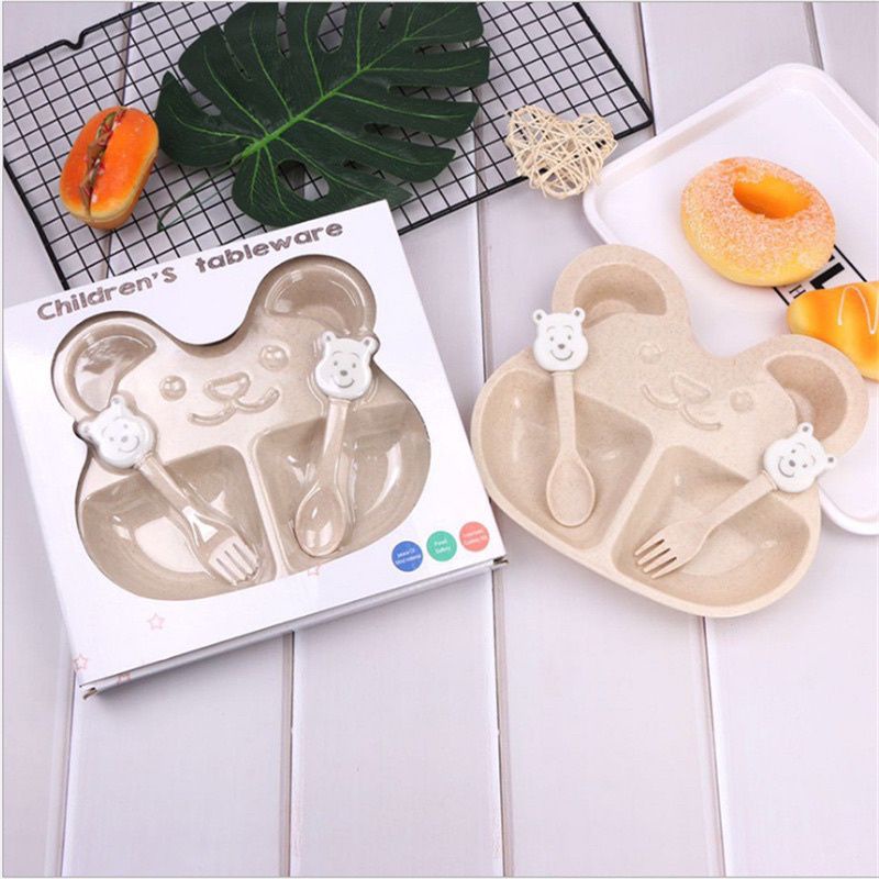 Khay ăn dặm lúa mạch kèm thìa nĩa hình gấu, Ăn dặm chỉ huy blw