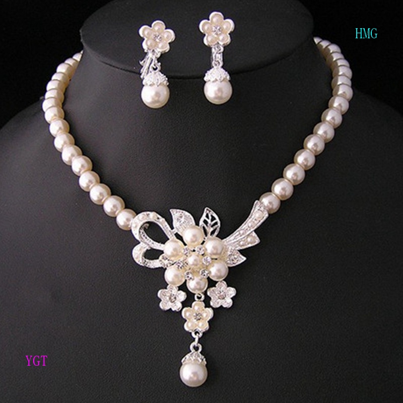 Bộ Vòng cổ + Bông Tai Handmade Đính Đá & Ngọc Trai Giả Bằng Bạc Cho Nữ