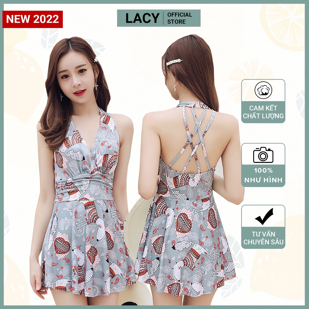 Bikini 1 mảnh liền thân kín đáo có mút ngực dáng váy xòe che khuyết điểm kèm quần bơi lưng đan dây trẻ trung B153 LACY