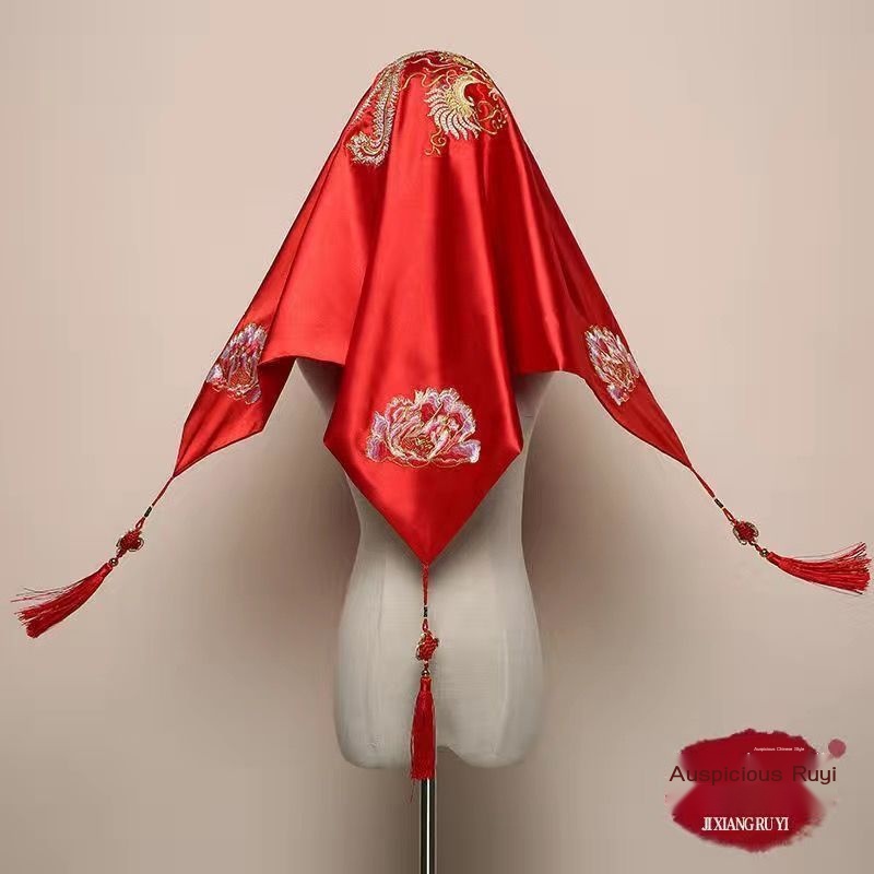 [Aishang Trang Sức Đẹp] Khăn Trùm Đầu Thêu Hoa Đỏ Phong Cách Trung Quốc Cổ Điển Cho Cô Dâu Trong Tiệc Cưới