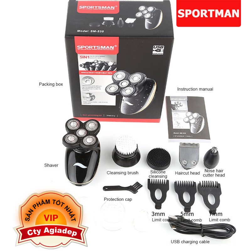 Tông đơ máy cạo râu chuyên nghiệp cao cấp đa chức năng 5 in 1 SPORTSMAN cao cấp, tiện dụng chính hãng Agiadep
