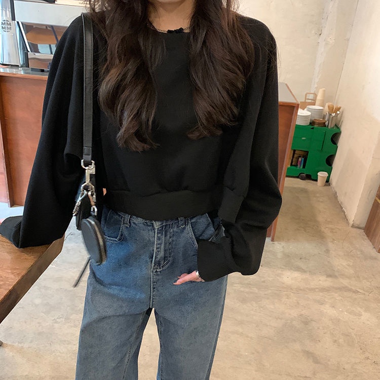 Áo Thun Tay Dài Phong Cách Preppy Cá Tính 206452 Áo Sweater Màu Trơn Dáng Ngắn Phong Cách Hàn Quốc Trẻ Trung