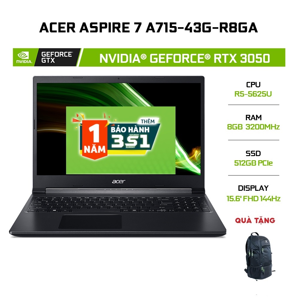Laptop Acer Aspire 7 A715-43G-R8GA(R5-5625U | 8GB | 512GB RTX™ 3050 4GB|15.6' FHD144Hz |W11)