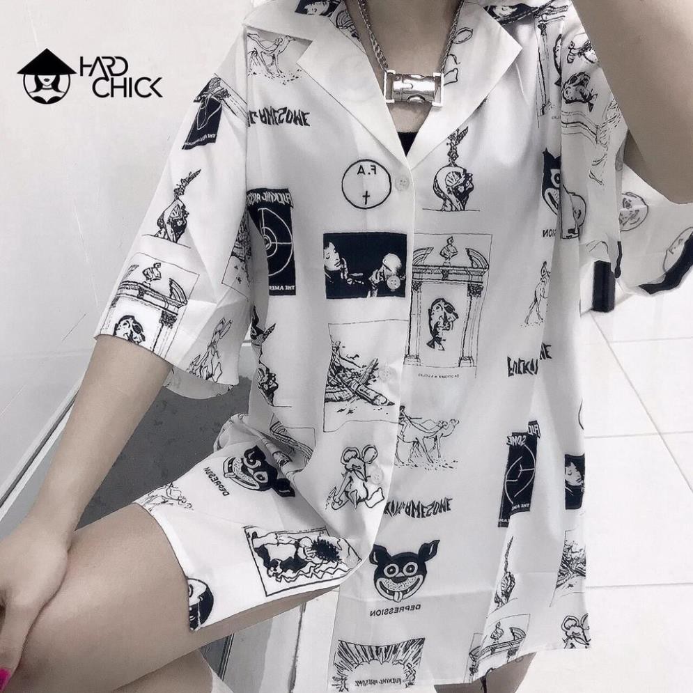 Áo sơ mi HARD CHICK cổ bẻ tay lỡ form rộng unisex/ Áo khoác nhẹ nam nữ in họa tiết dáng thụng ulzzang_xuongmaythuhien *