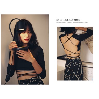Áo Croptop tay dài thiết kế hở lưng tay lỡ có đan dây - by Sugargalz