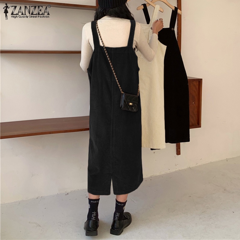 Yếm ZANZEA màu trơn dáng dài không tay cổ vuông vải nhung sọc nổi phong cách vintage thời trang dành cho nữ