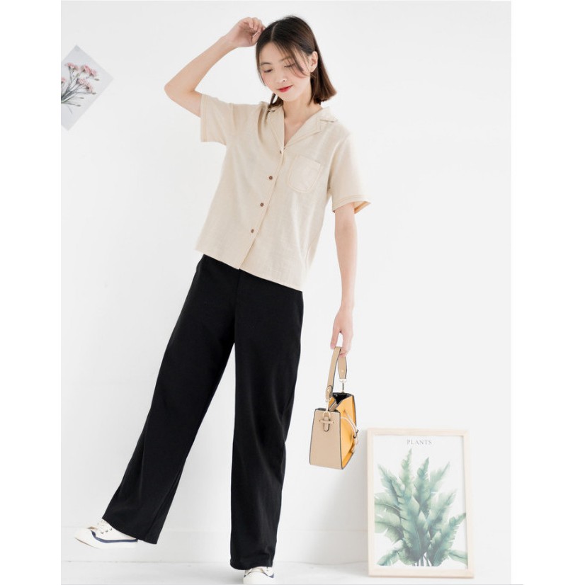 [EGANDA] Áo sơ mi nữ thô đũi viền cổ, áo kiểu nữ cộc tay cổ vest viền chỉ freesize. | BigBuy360 - bigbuy360.vn