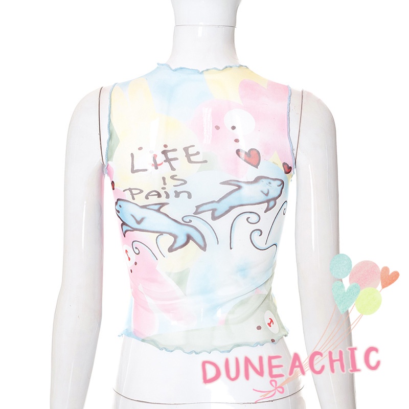 DUNEA Áo Tank Top Nhún Bèo In Họa Tiết Dễ Thương Thời Trang Cho Nữ