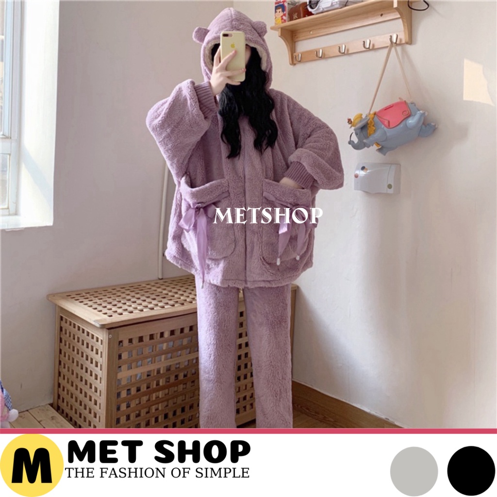 Bộ ngủ lông cừu giữ nhiệt mùa đông túi thắt nơ dễ thương ,BNL02,bộ đồ mặc nhà nhung bông mềm mịn 2 màu hồng tím - METSHO | WebRaoVat - webraovat.net.vn
