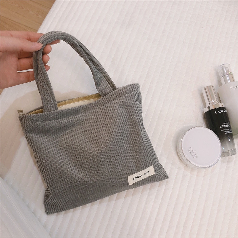 Túi Đựng Mỹ Phẩm Xách Tay Bằng Vải Nhung Kẻ Màu Sắc Đơn Giản Phong Cách Nhật Bản