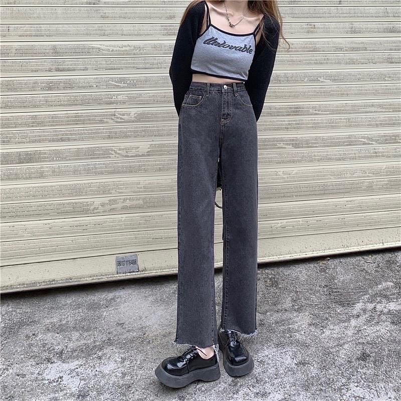 Quần Lily Jeans Ống Suông Xám Rách Gấu