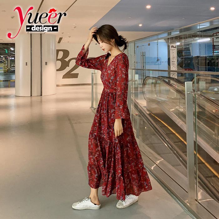 Đầm maxi nữ dài tay hoạ tiết hoa xinh xắn size S-Xl | BigBuy360 - bigbuy360.vn