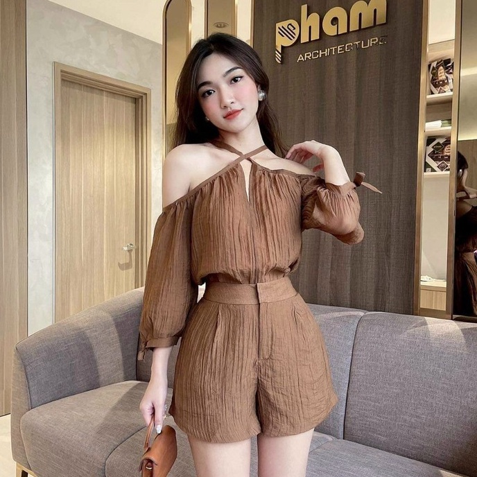 Set đùi áo dây cổ yếm chéo dây kèm quần short dễ thương phong cách sexy sang chảnh tiểu thư đi chơi dự tiệc dạo phố