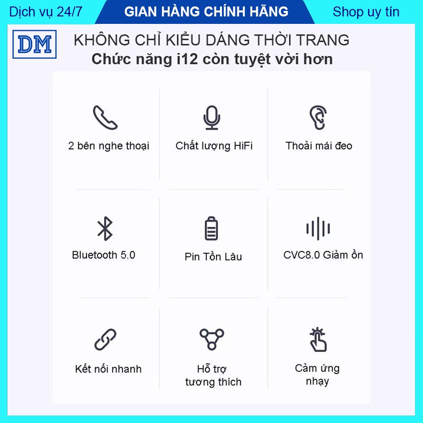 Tai Nghe Bluetooth giá rẻ tai nghe bluetooth i12 TWS âm thanh sắc nét nút cảm ứng – DMtech