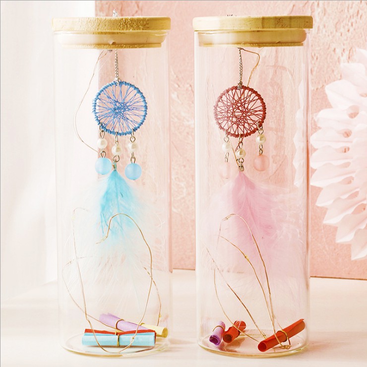 Bình thủy tinh Chuông gió Dreamcatcher - vòng theo đuổi giấc mơ có đèn phát sáng, lọ ước nguyện - giao màu ngẫu nhiên