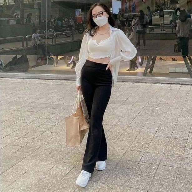 Quần Loe Thun Nữ, quần ống loe lưng cao Cotton co giãn L75